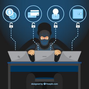 Graphic of a person sitting at a desk with 3 laptops stealing personal information