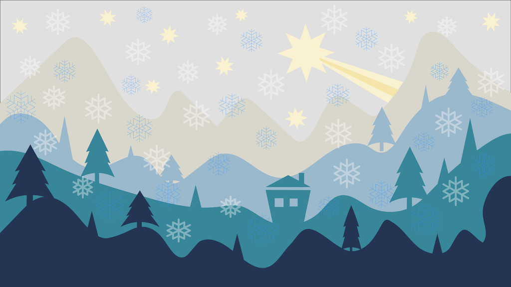 Graphic of mountains and trees in a variety of blues with white snowflakes and a yellow shooting star